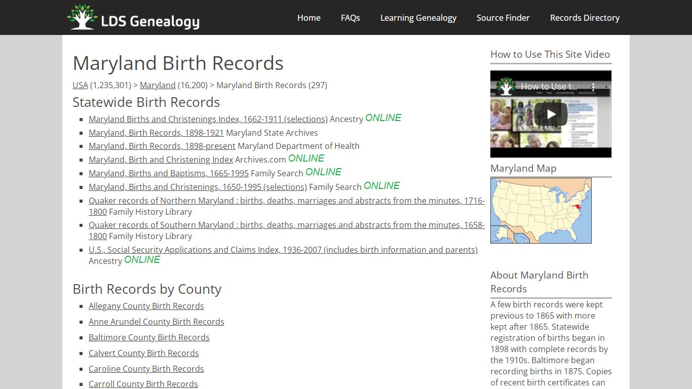 Maryland Birth Records - LDS Genealogy