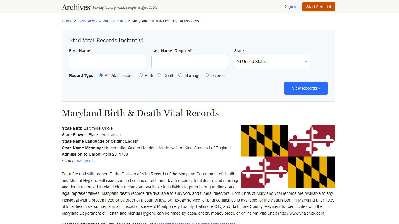 Maryland Birth & Death Records | Vital Records