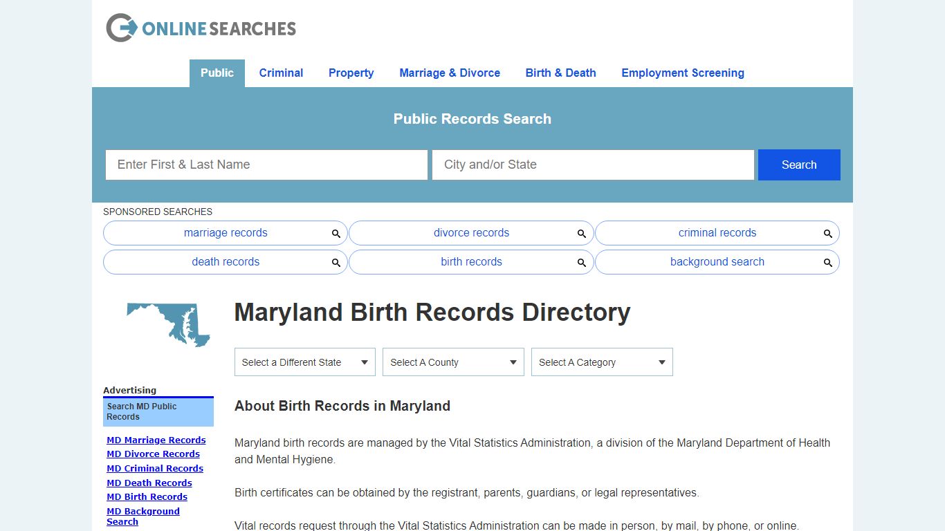 Maryland Birth Records Search Directory